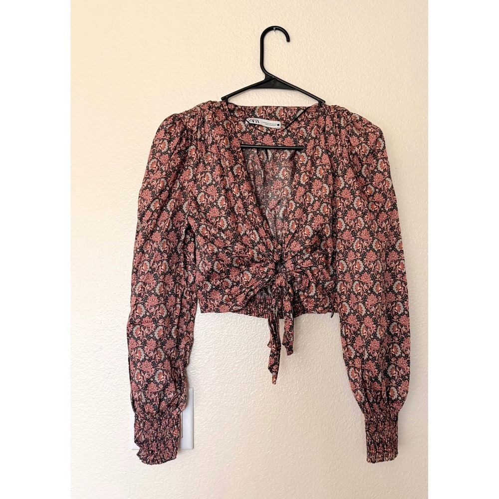 Zara Floral Print Tie-Front Crop Top Long Sleeve Blouse Size XS‎